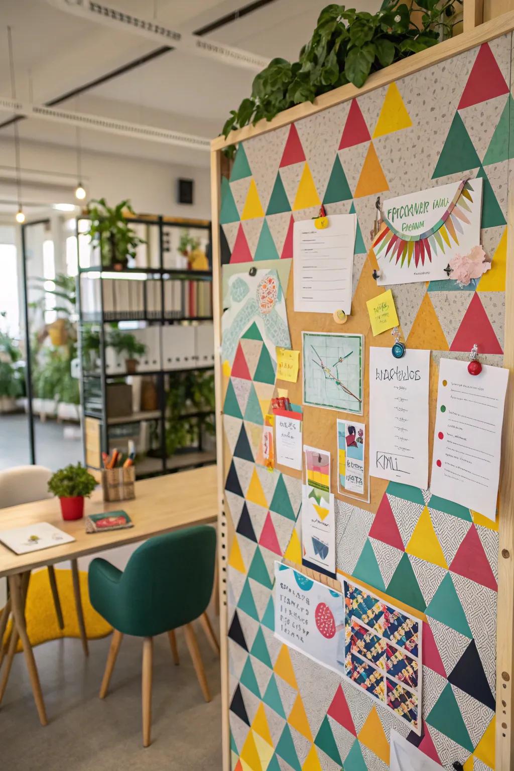 Geometric patterns introduce a playful and contemporary feel to bulletin boards.