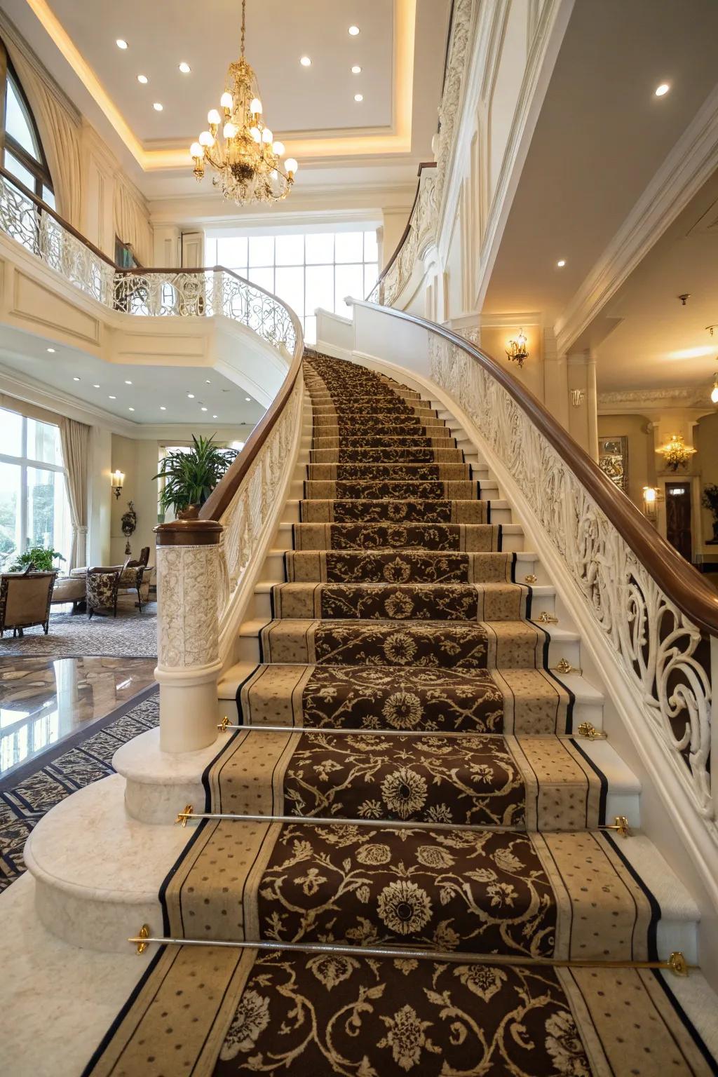 Elegant staircase featuring a stylish patterned carpet runner.