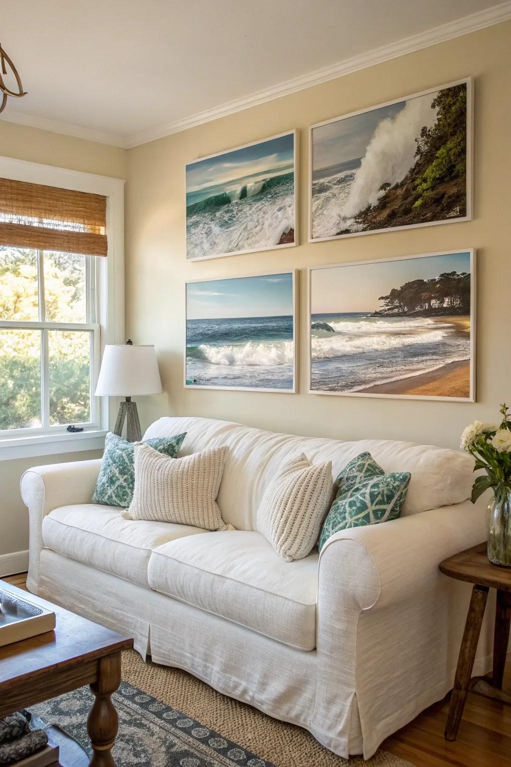 Coastal artwork elevates the thematic decor.