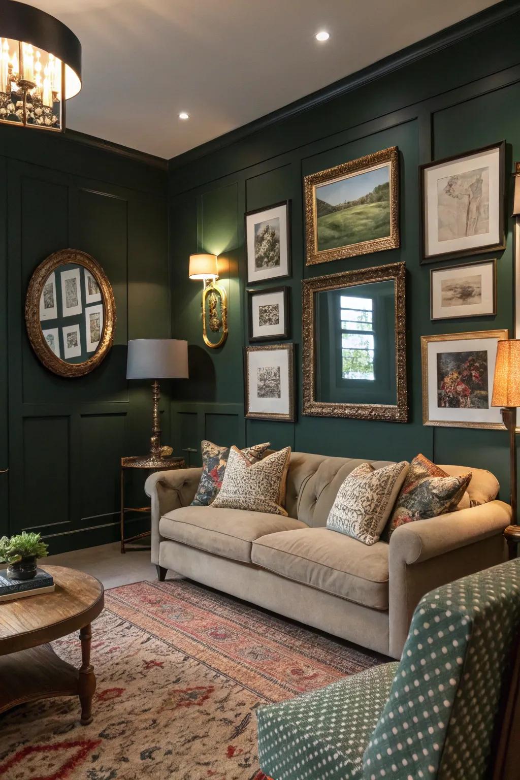 Art and mirrors contribute depth and personality to a deep green living space.