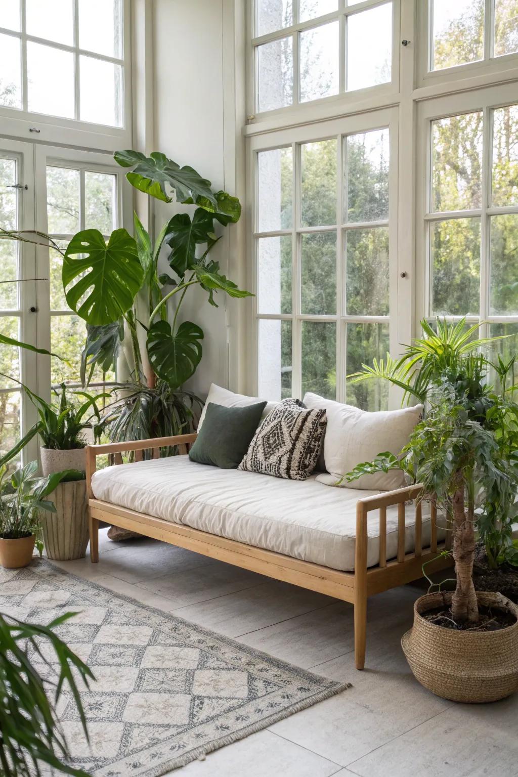 Indoor flora near a daybed introduce natural components and animation.