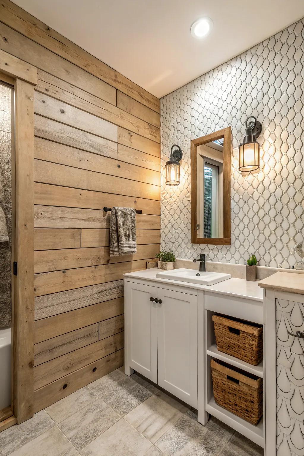 Textured surfaces add depth and appeal to this farmhouse bathroom.