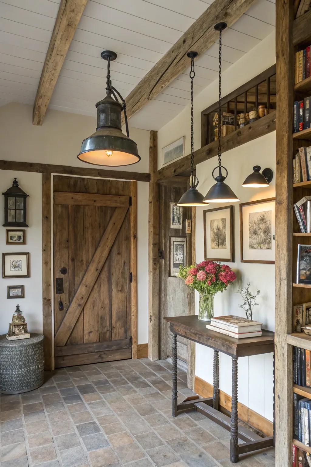 Production lighting complements the modern farmhouse style.