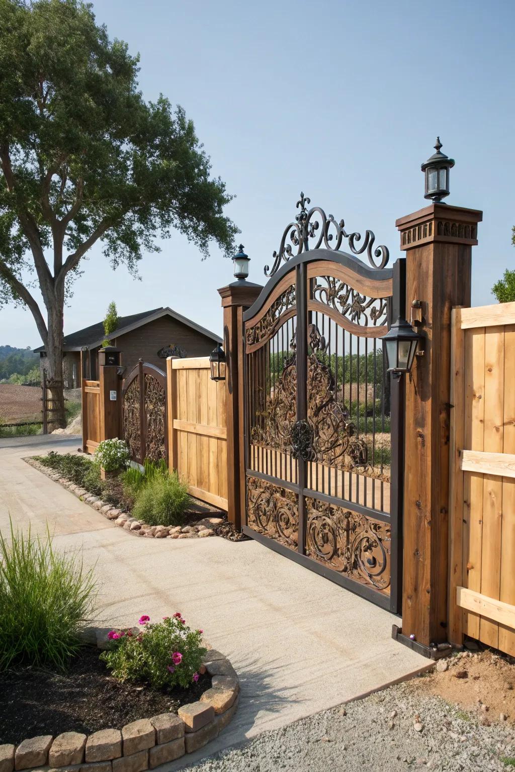 An ornamental gate serves as a fashionable centerpiece in this modern farmhouse fence.