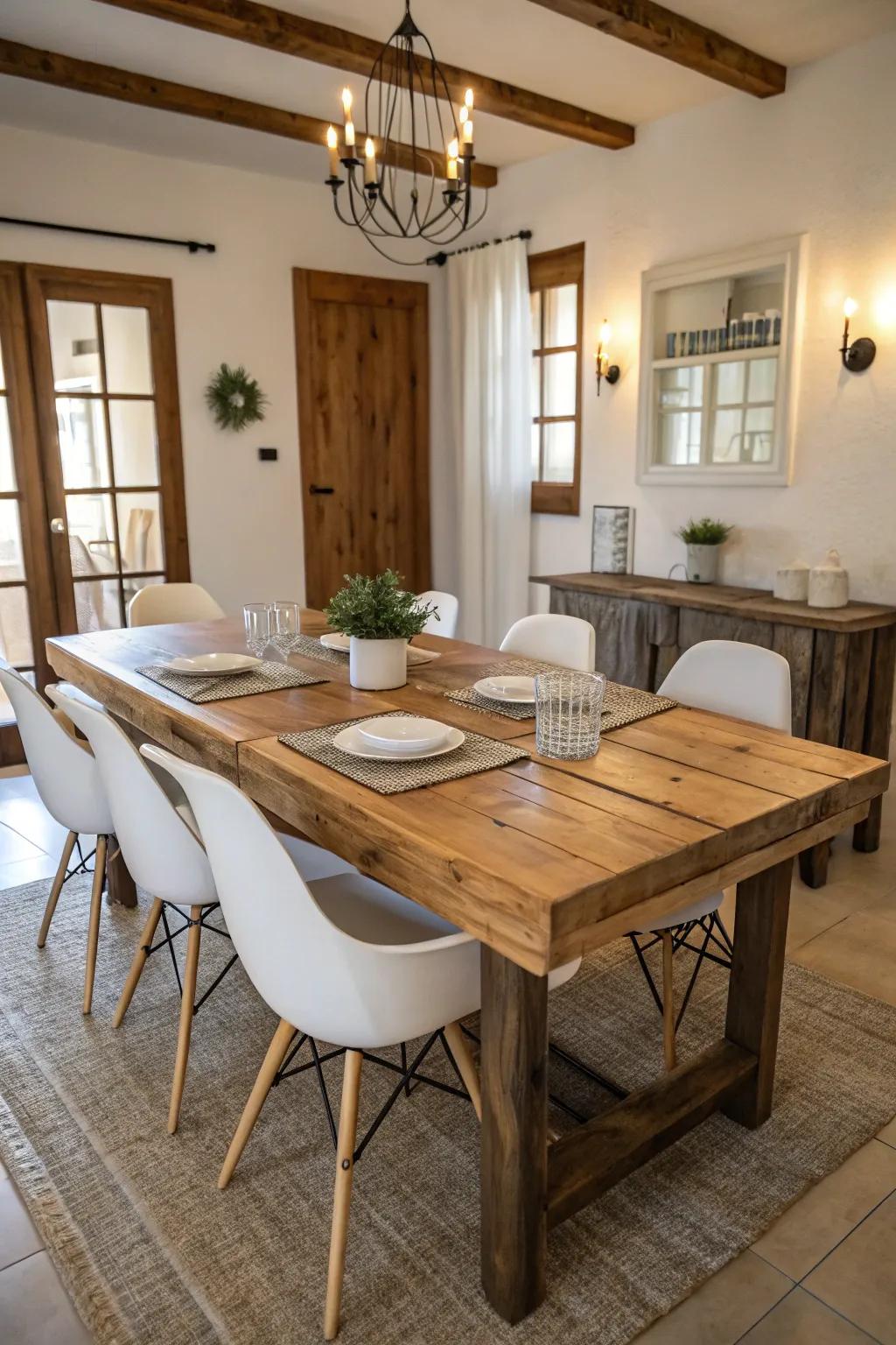 Modern decor blends with rustic elements in this farmhouse dining area.