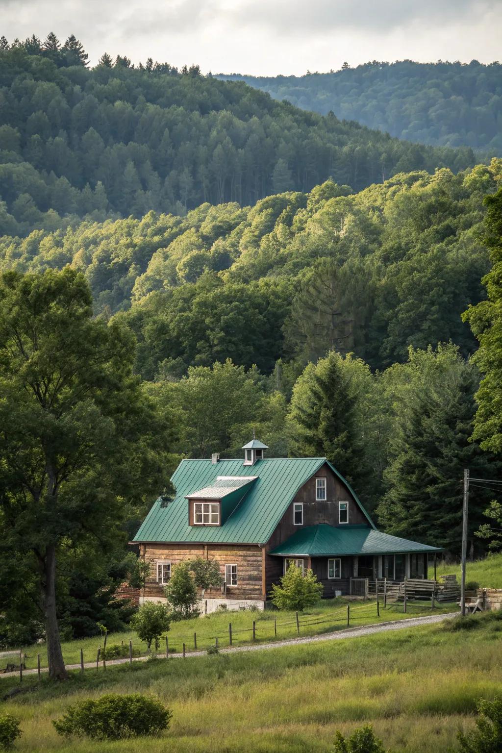 Natural unity: A verdant metal roof harmonizes with the lush environment.