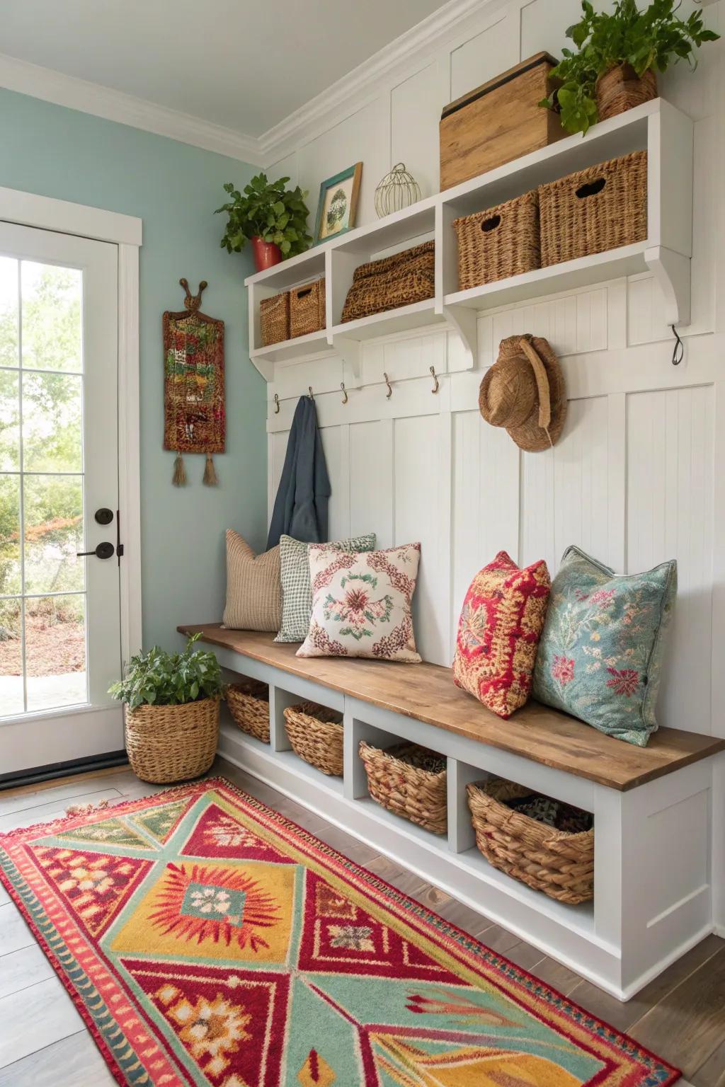 Cozy mudroom with decorative pillows and stylish rugs.