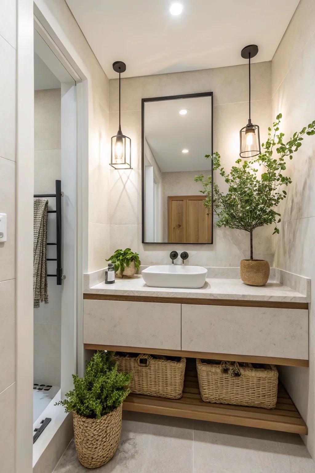 Simple decor with small plant decorations in a powder room.