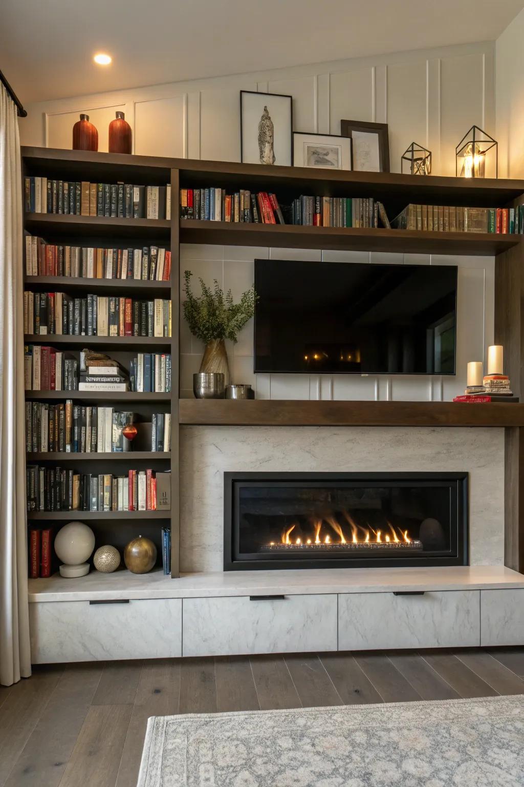A contemporary fireplace with integrated shelves, blending practicality with style.