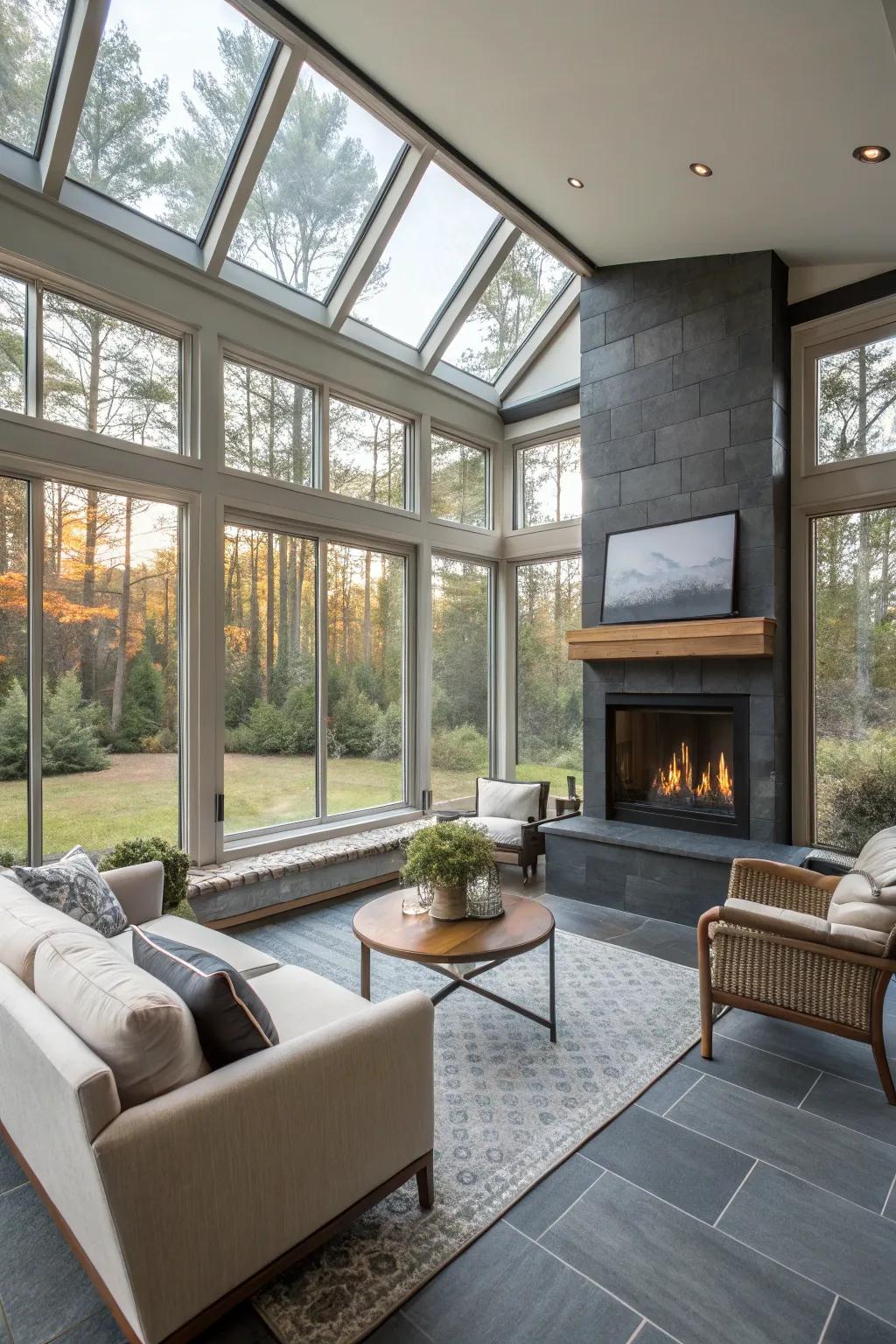 An elegant fireplace introduces warmth and ambiance to this sunroom.