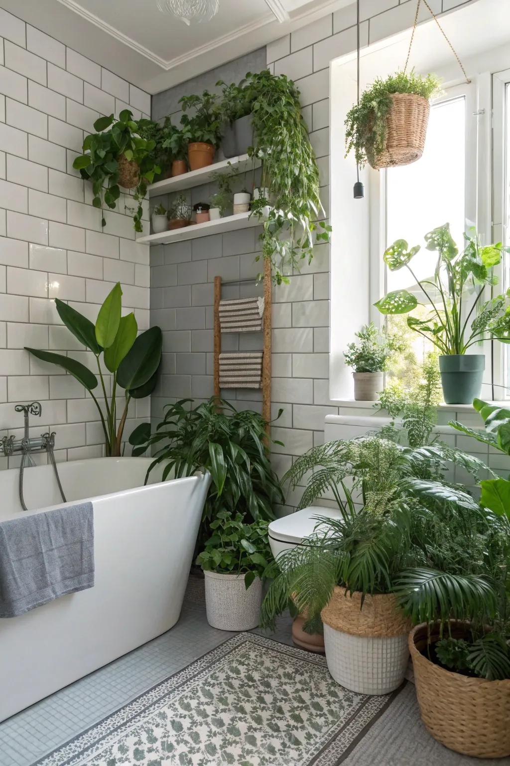 Greenery contributes a hint of nature and vibrancy to the bathroom.