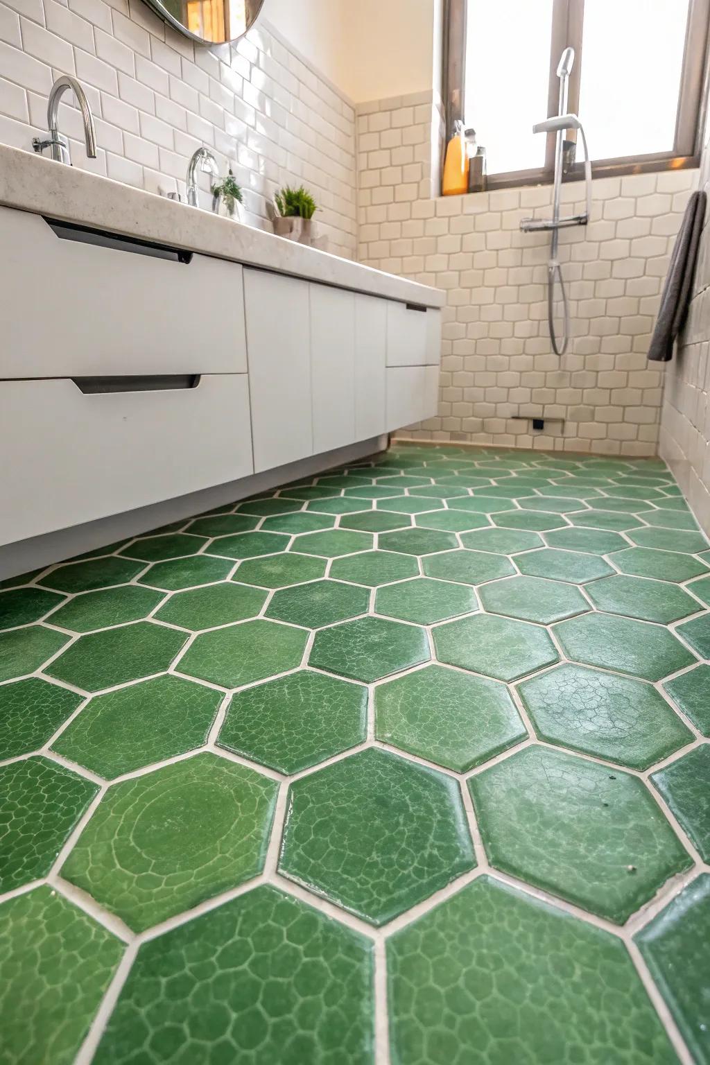 Geometric intrigue using green multifaceted tiles.