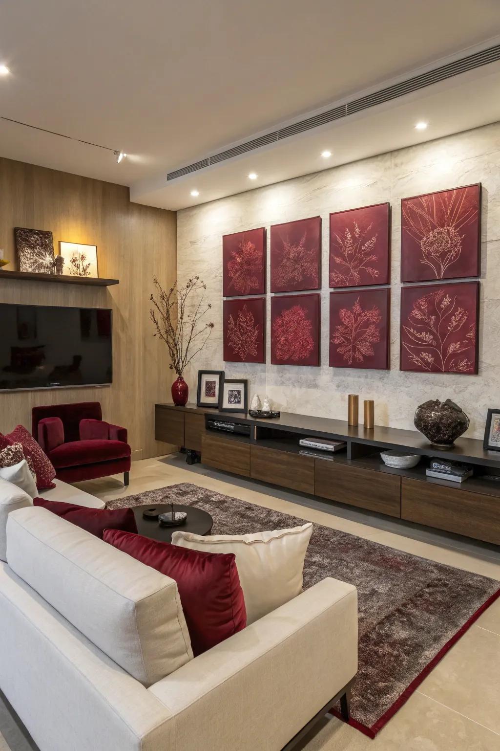 Living room with burgundy-themed artwork and modern decor.