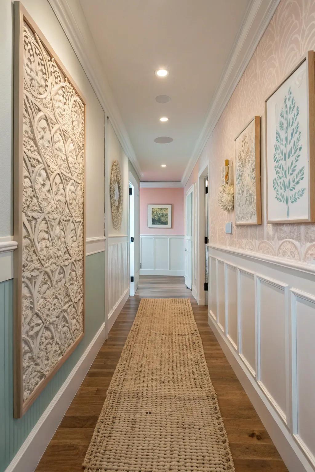 Textured aspects add depth and interest to the hallway.