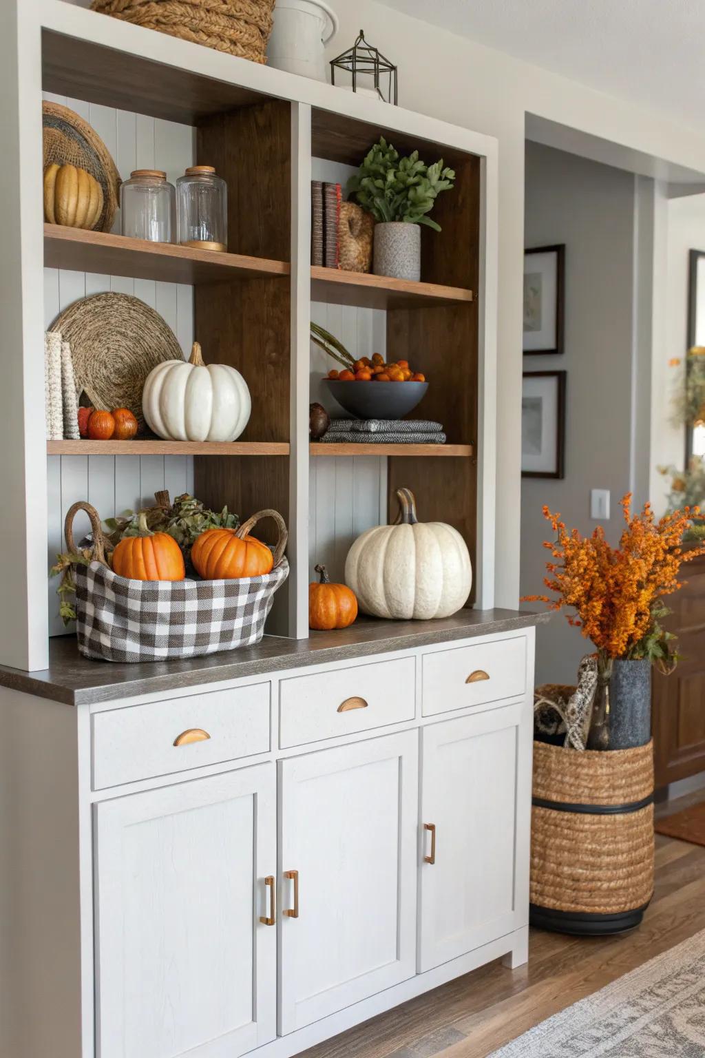 Holiday decorations keep the display cabinet current and aligned with the season.