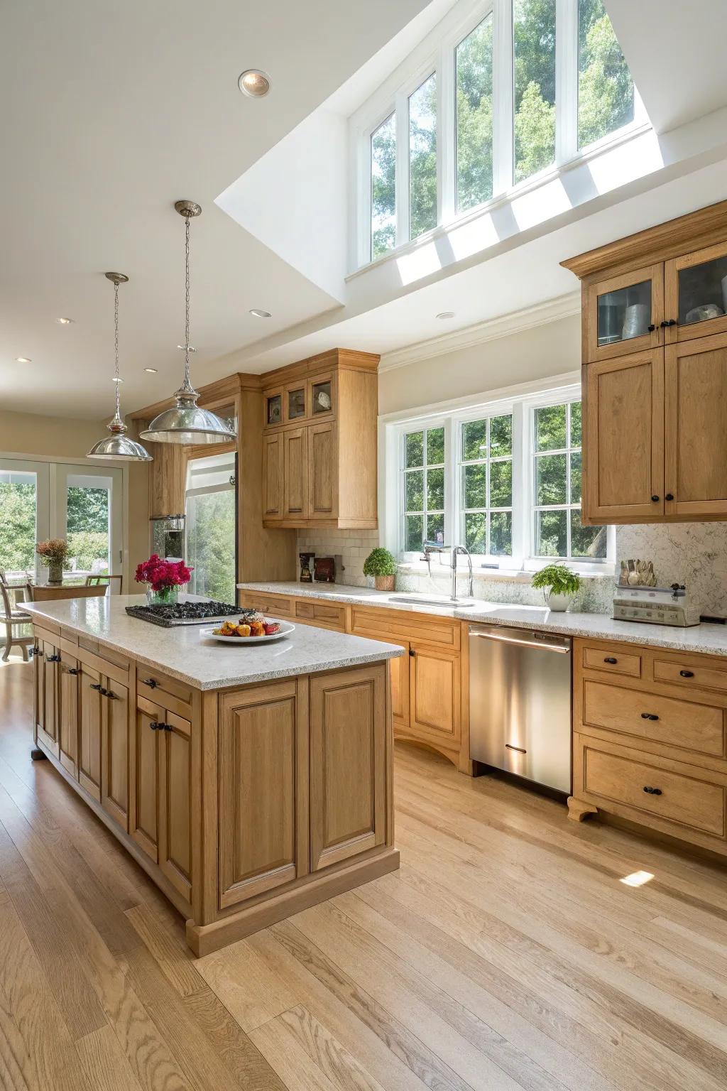 Pale ground surfaces amplify the natural charm of oak cabinets in a modern kitchen.