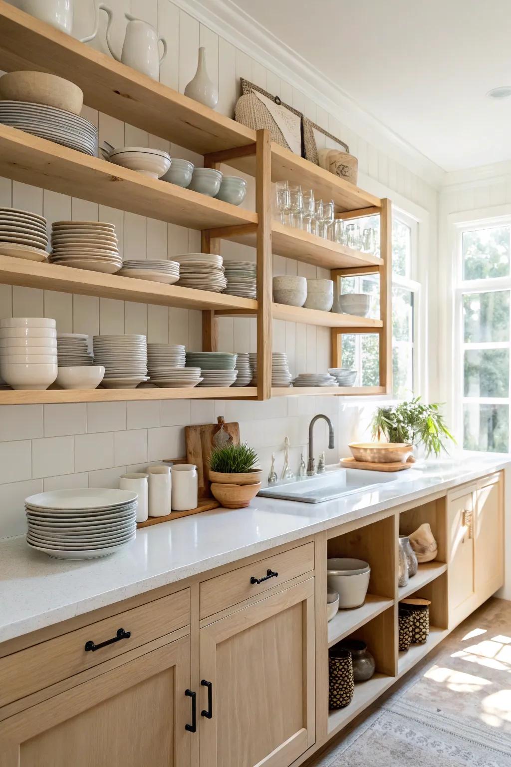 Visible storage in pale walnut wood provides both aesthetic and practical benefits.