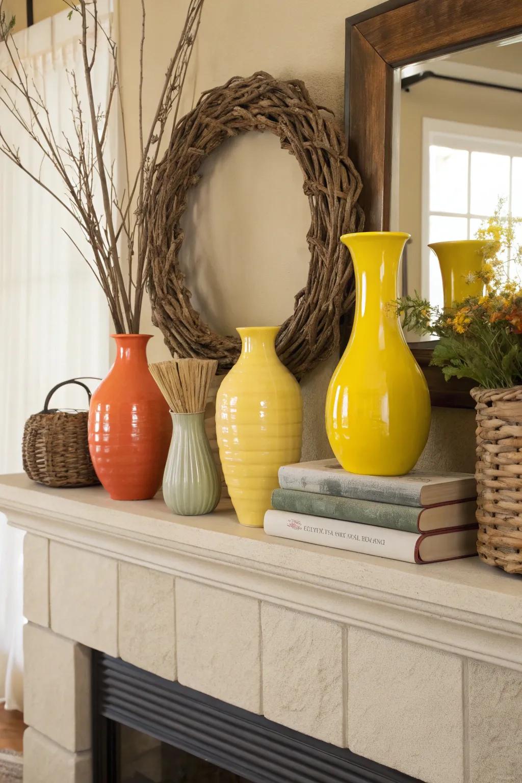 A neutral palette punctuated by vibrant colors elevating your mantel’s appeal.