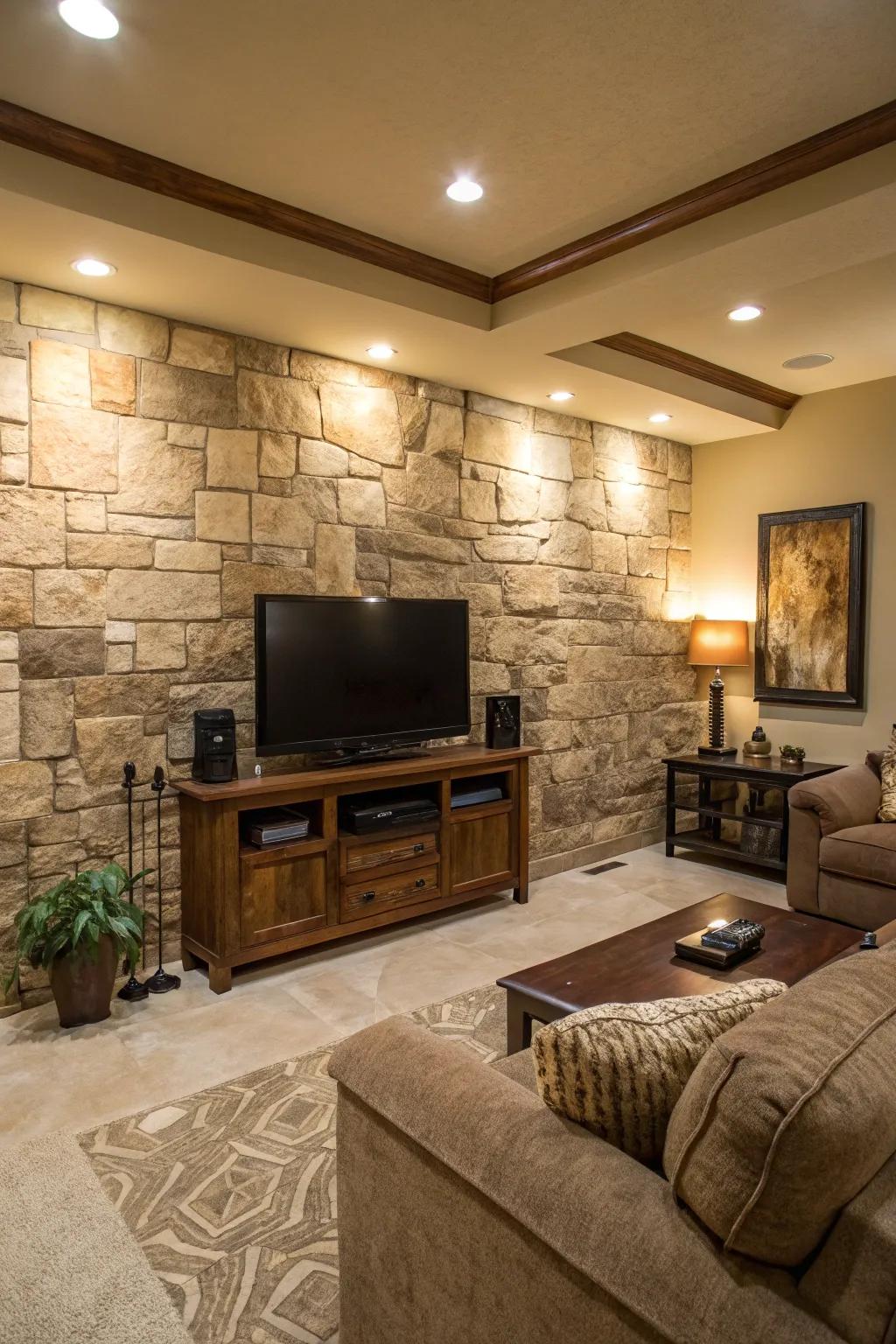 A textured stone backdrop adding depth and visual interest to a media wall.