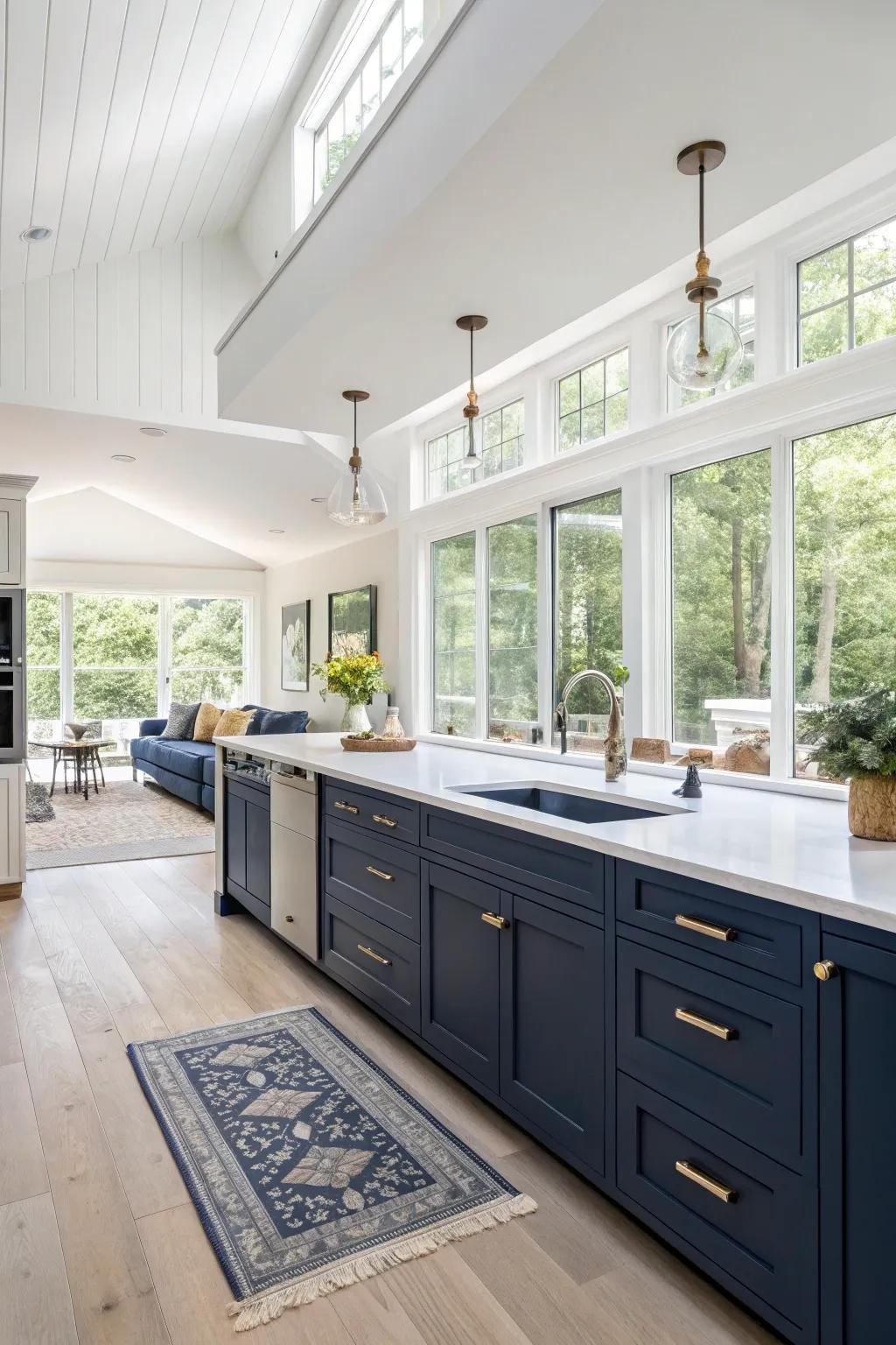 An open arrangement allows deep sea-inspired cabinets to be the focus without seeming cramped.