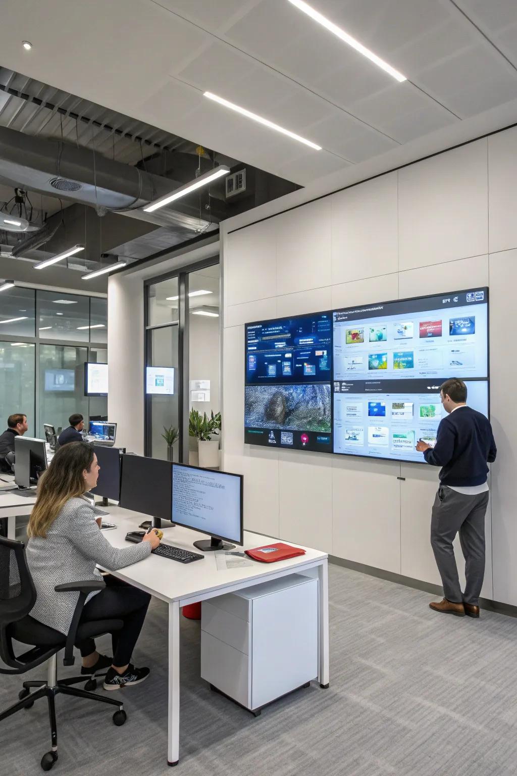 A modern office equipped with a digital board and interactive screens.