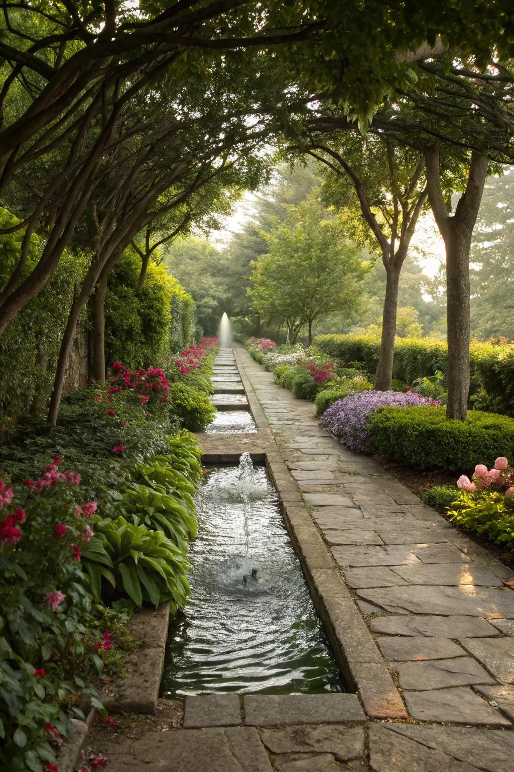 A garden path enhanced by a calming water element for added peace.