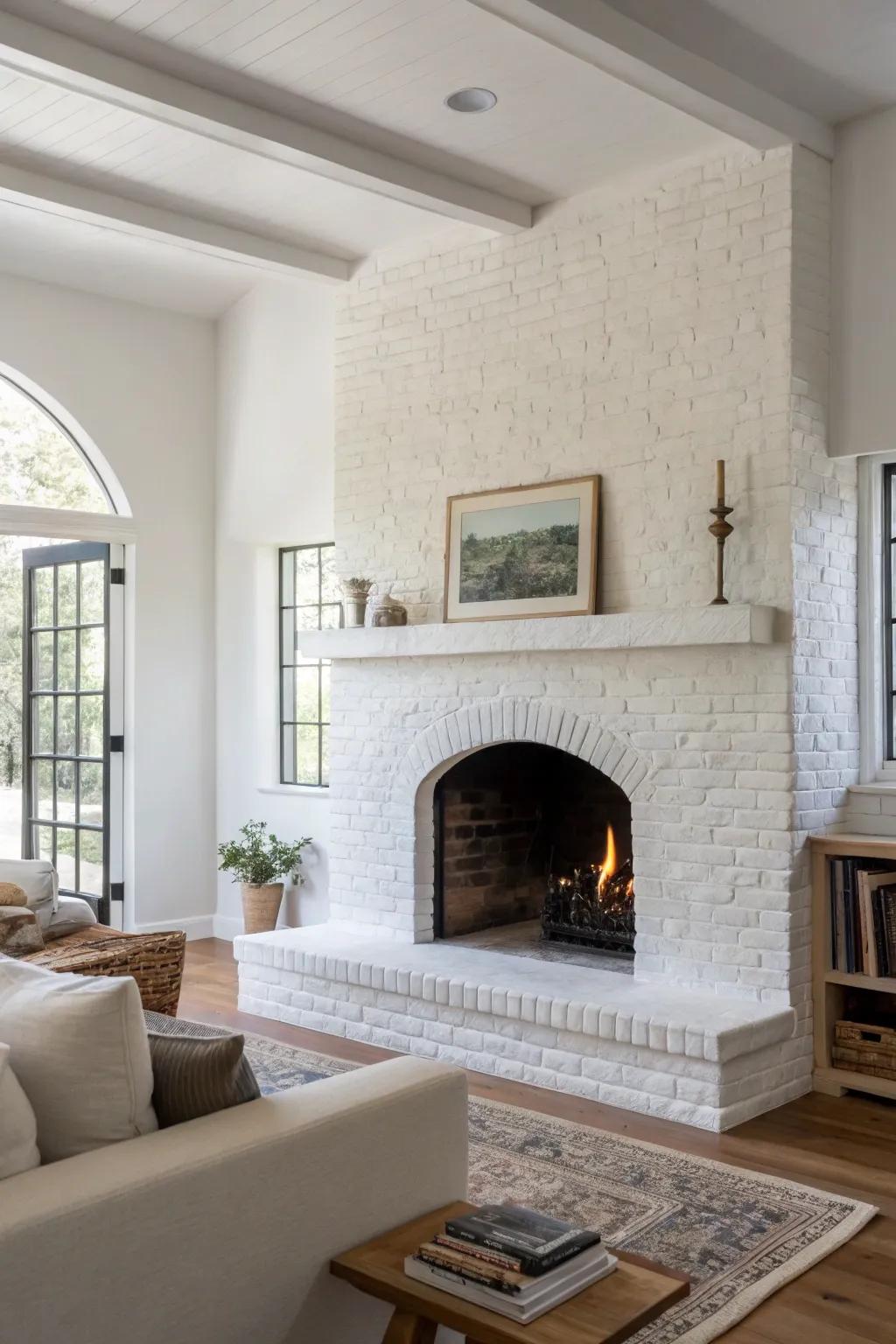 White painted brick fireplace embodying sparse chic.