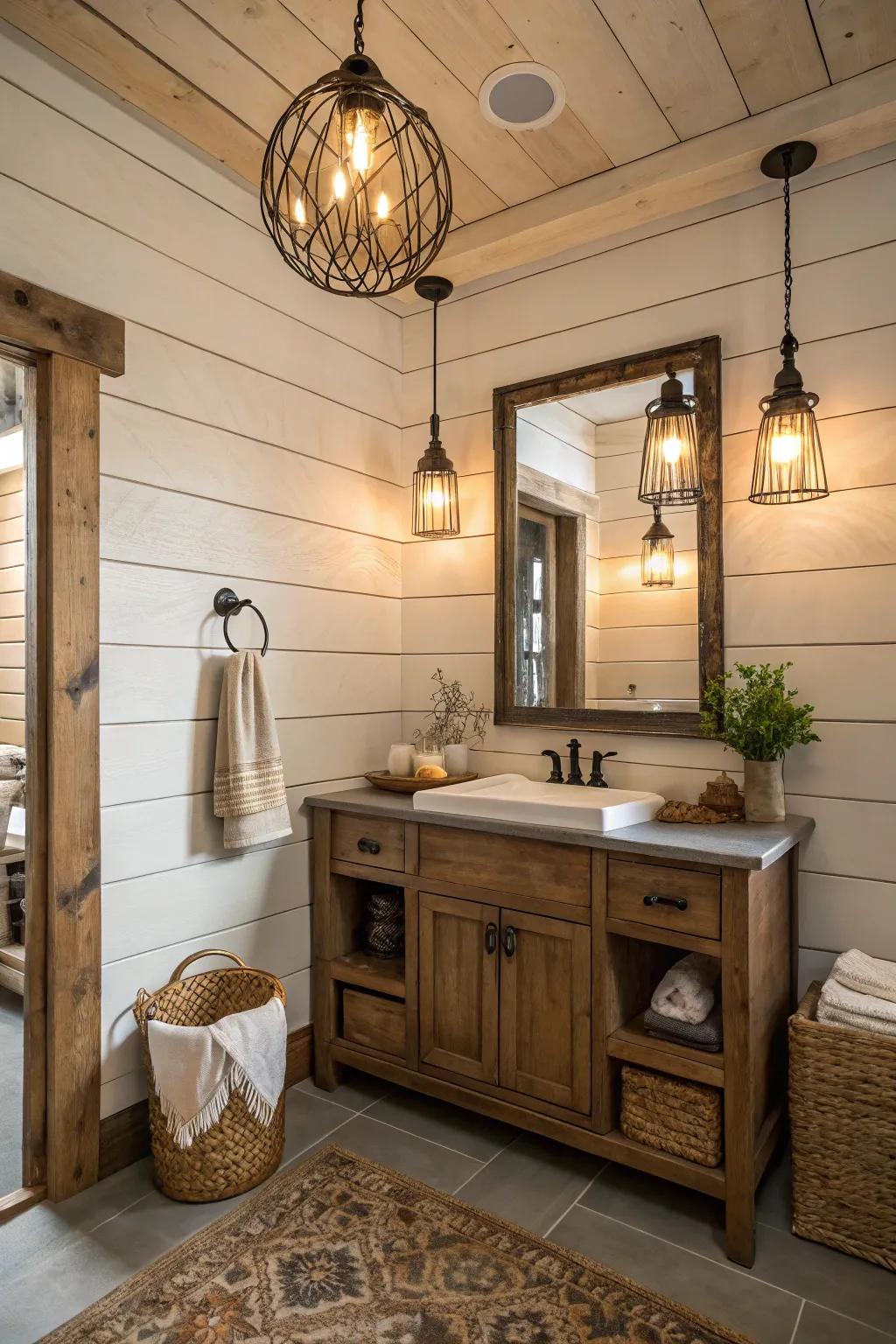 Pendant illumination enhancing the rustic allure with a cozy radiance.