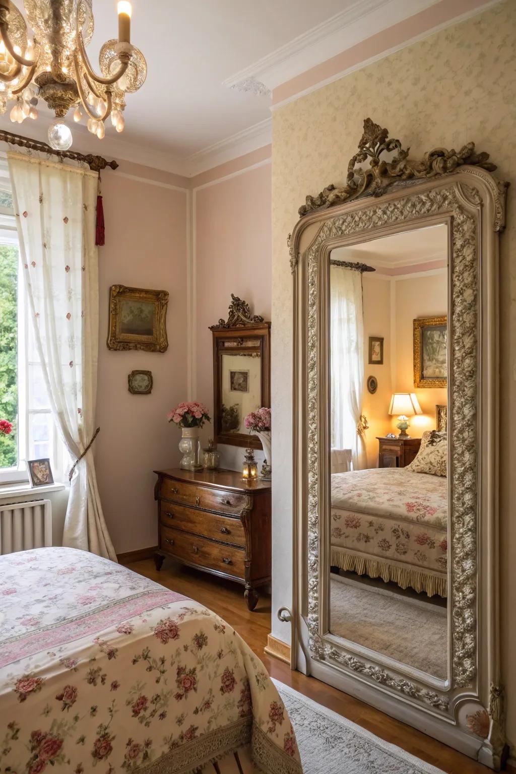 Ornate mirrors add elegance and light to a shabby chic bedroom.
