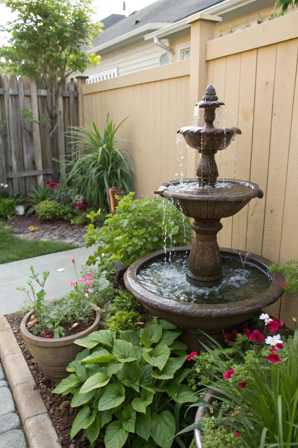 A small water feature makes the backyard more peaceful.
