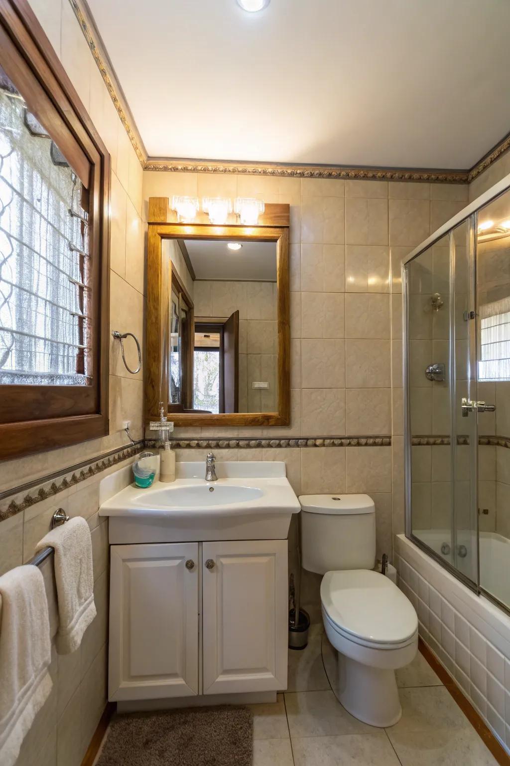 Mirrors enhance the sense of space in this small bathroom.