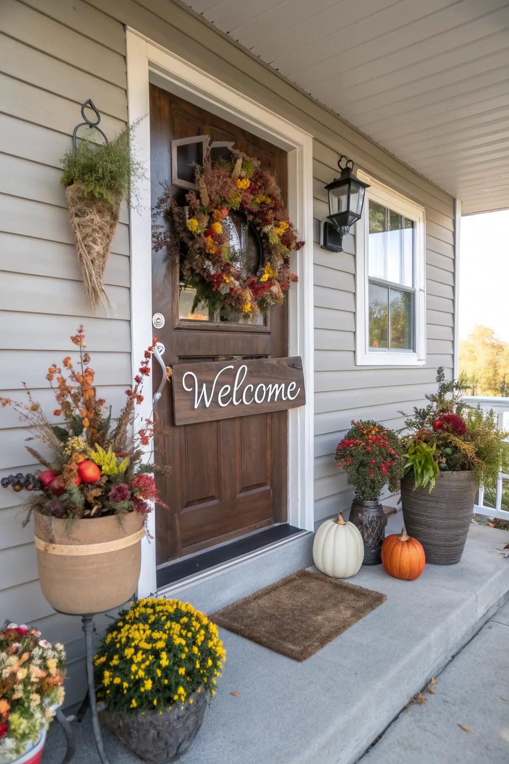 A compact front porch decorated with seasonal embellishments for a welcoming vibe.