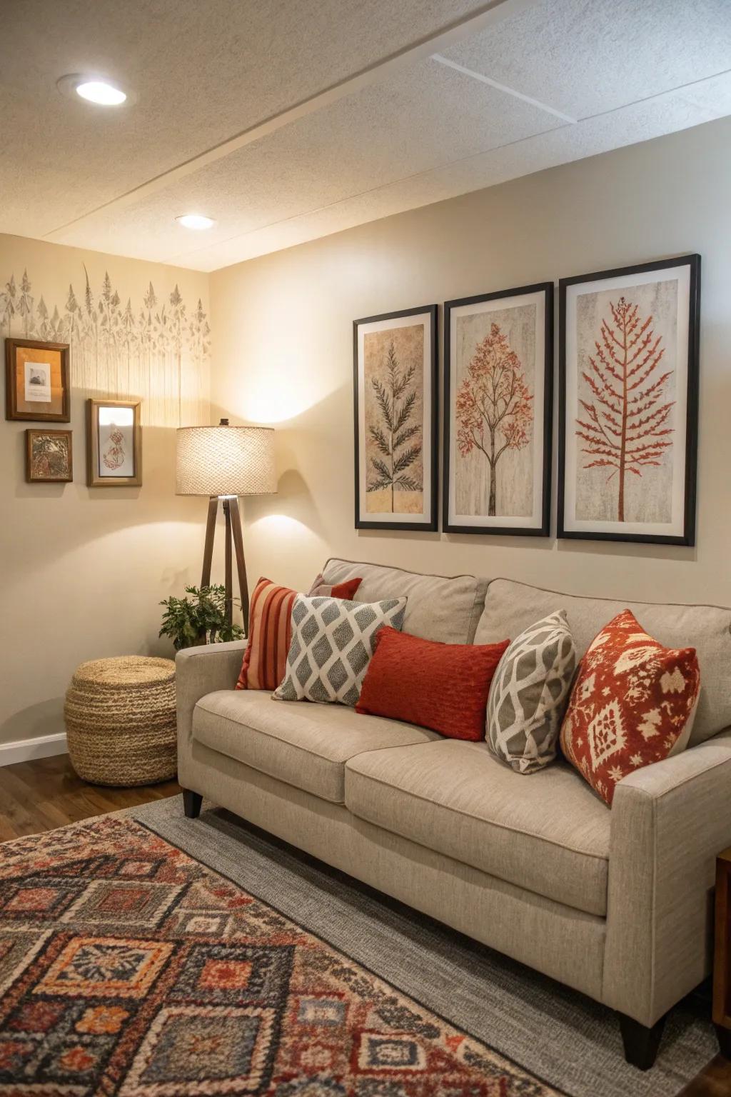 A feature wall and eye-catching artwork in a small living room.