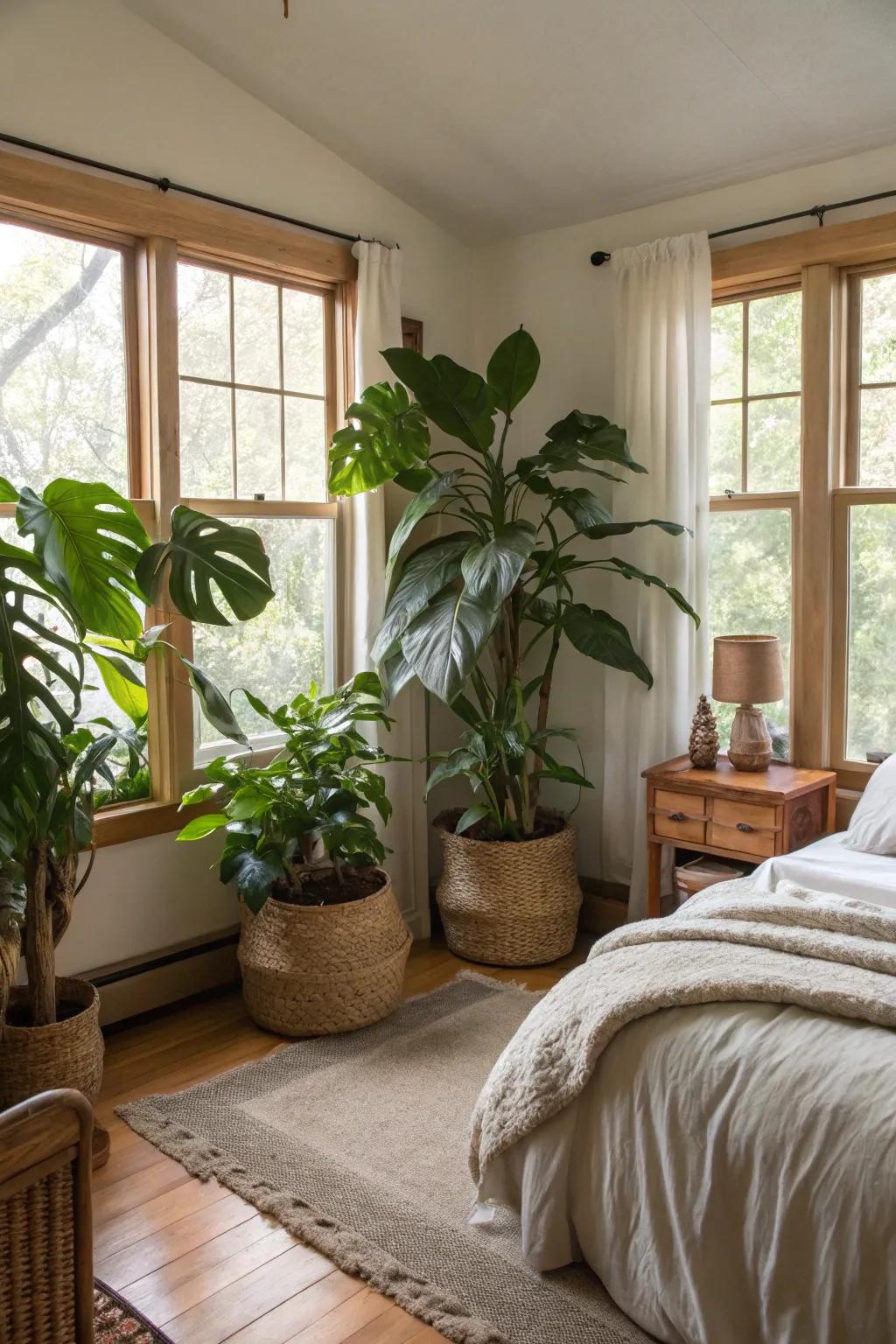Large plants in containers introduce nature and vibrancy to a modern Spanish bedroom.