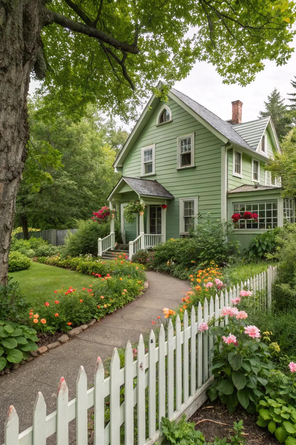 Garden green stucco home with a lush garden setting.
