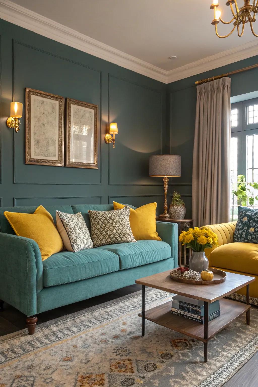 Mustard accents bring a sense of fun to a teal and gray living room.