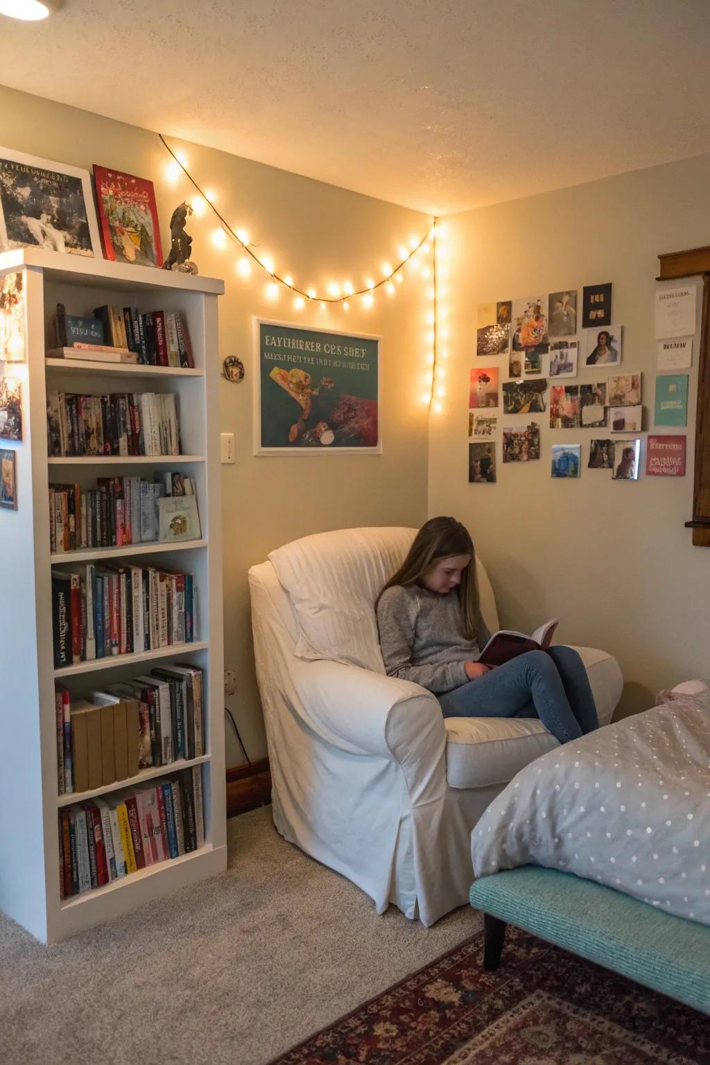 A reading nook offers a peaceful escape within the bedroom.