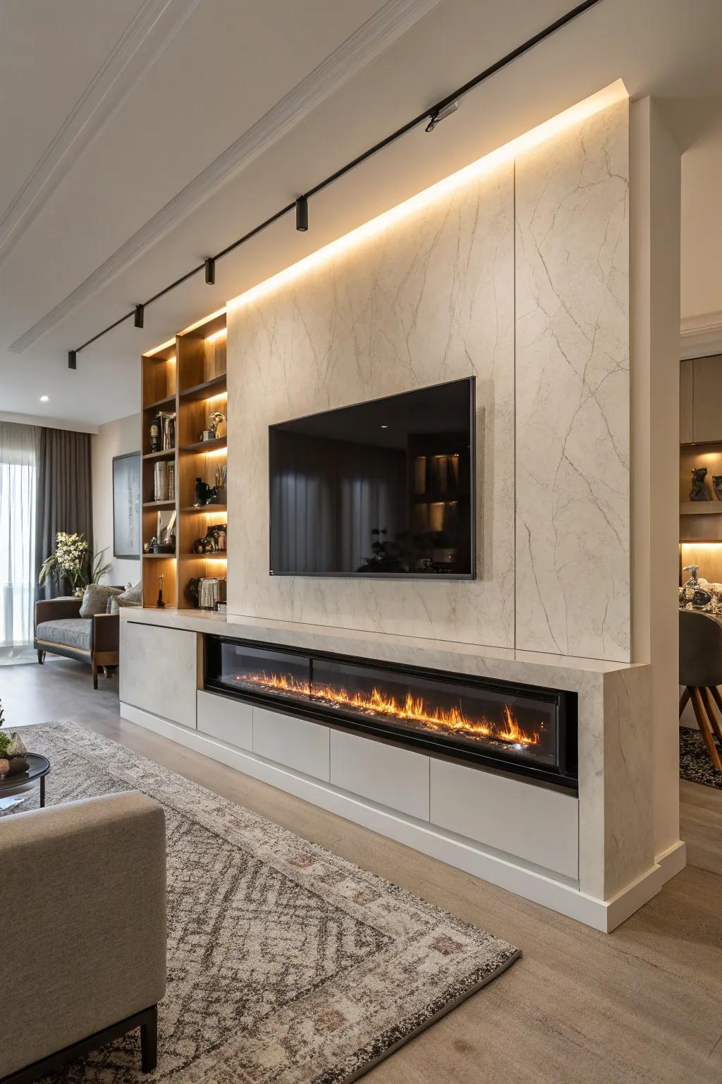 A modern fireplace enriches your TV setup with warmth and style.