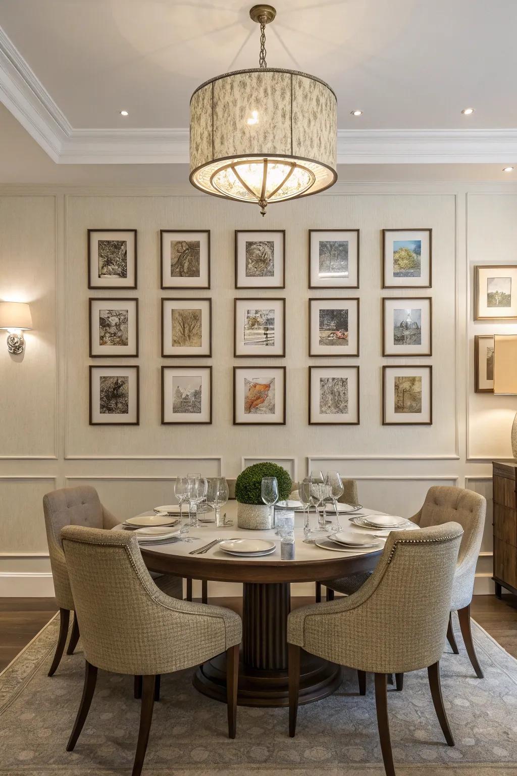 Symmetrical art layout bringing balance to a dining area.