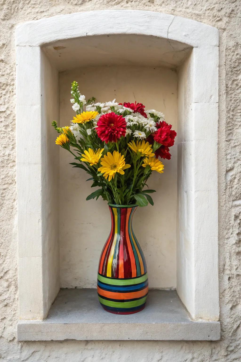 A wall niche features a bold, colorful vase that really stands out.