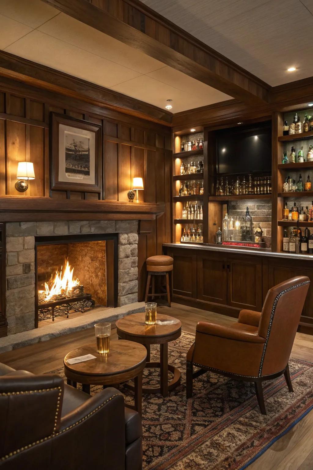 A fireplace adds warmth and charm, enhancing the room&rsquo;s cozy atmosphere.