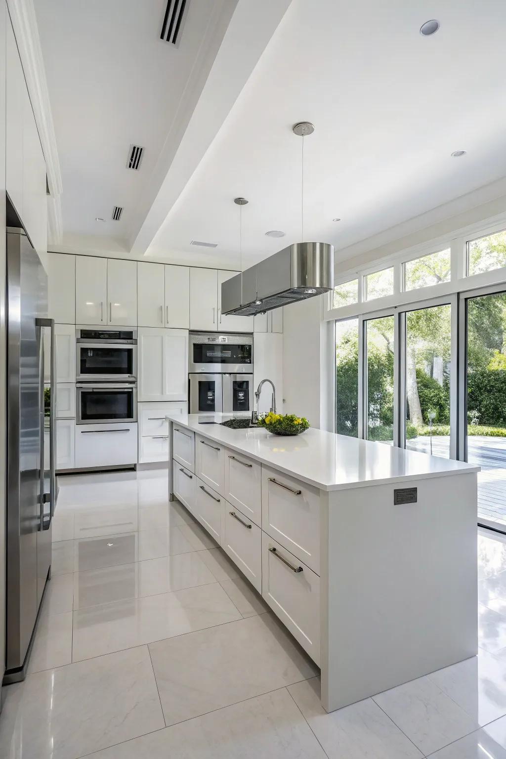 Integrated appliances help maintain the kitchen’s uncluttered aesthetic.