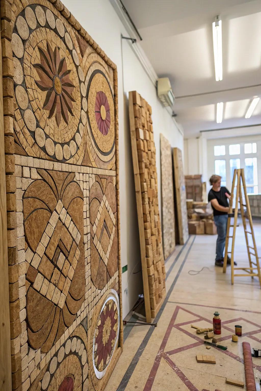 Cork mosaics deliver sustainability alongside a distinctive texture.