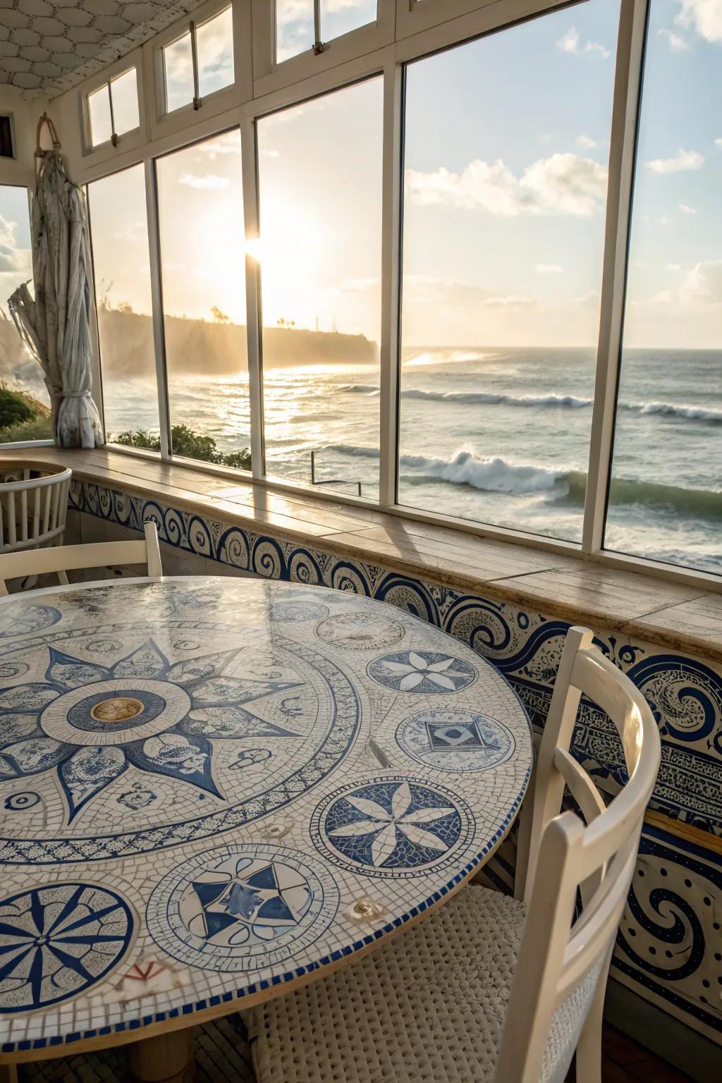 Nautical mosaic designs evoke the serene allure of the ocean.