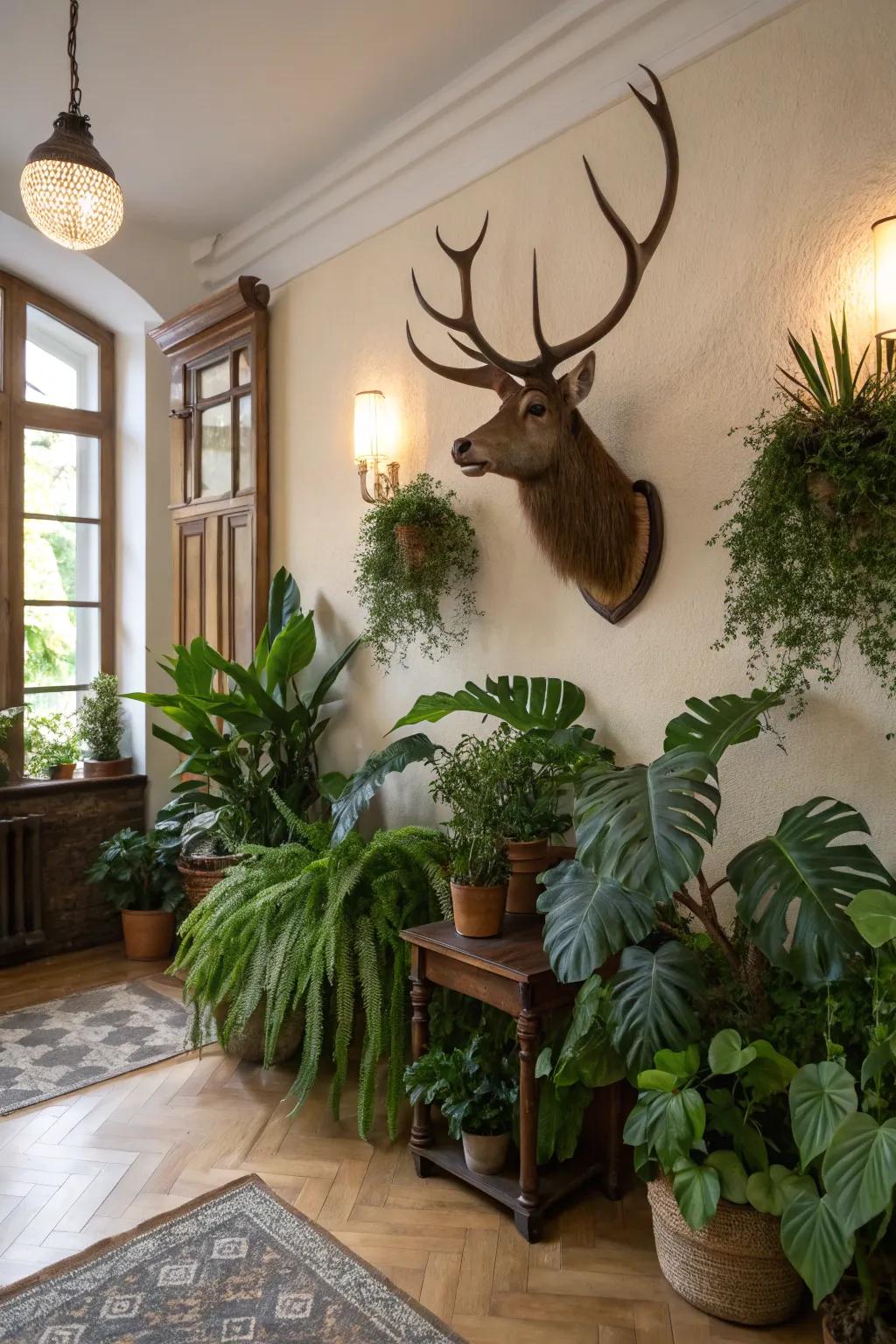 An interior enlivened with nature-inspired decorative features.
