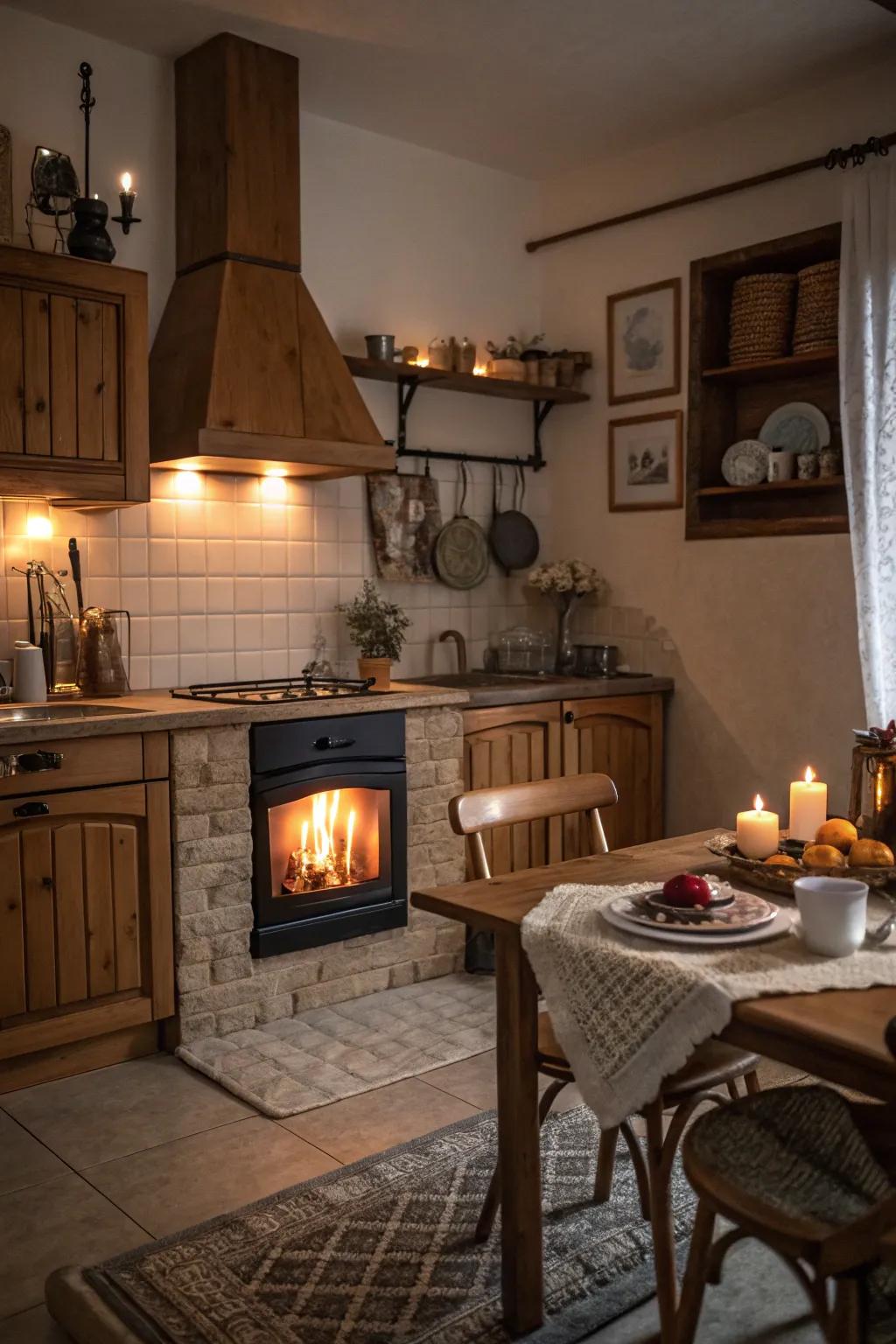 Welcoming features like fireplaces add warmth and charm to mountain kitchens.