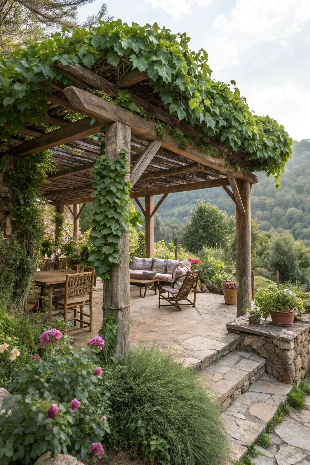 A rustic pergola provides shade and charm in a mountain garden.