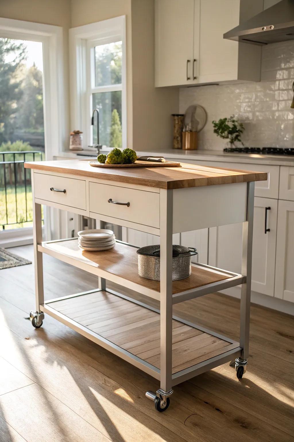 A kitchen island with classic neutral colors