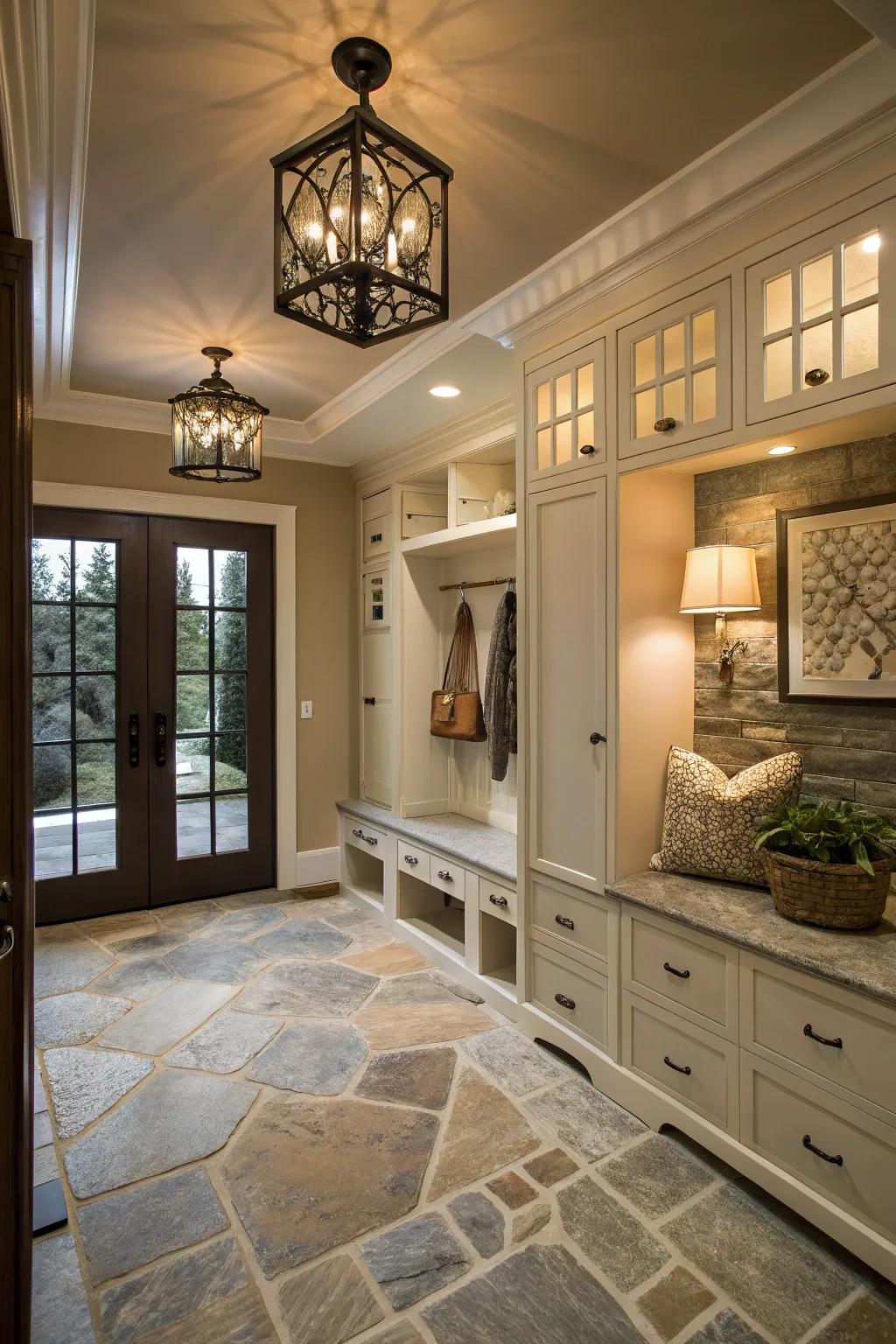 Natural stone flooring adds timeless elegance to any mudroom.