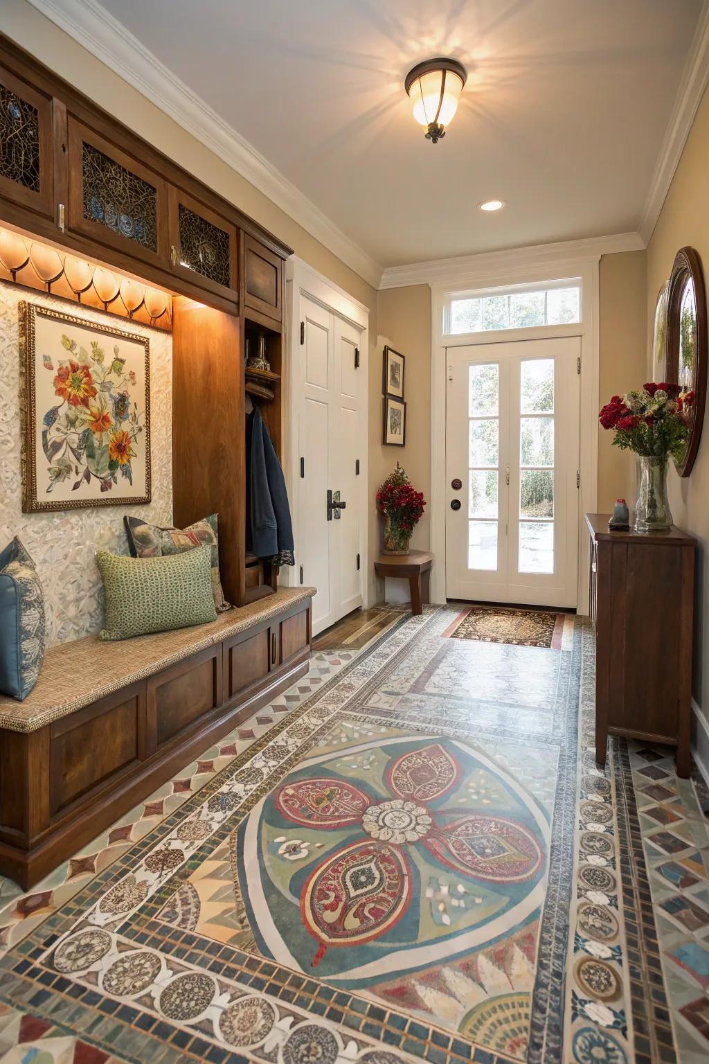 Detailed miniature tiles creating a masterpiece in a mudroom